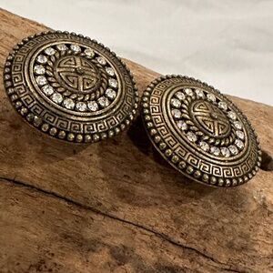 HUGE MASSIVE BOLD GOLD TONE CLIP-ON EARRINGS WITH RHINESTONE BORDER